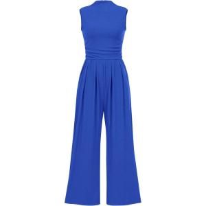 BTFBM One Piece Jumpsuits For Women Dressy Casual Spring Summer Outfits 2025 Sleeveless Mock Neck Wide Leg Pants Rompers(Blue)