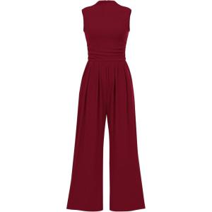 BTFBM One Piece Jumpsuits For Women Dressy Casual Spring Summer Outfits 2025 Sleeveless Mock Neck Wide Leg Pants Rompers(Wine Red)