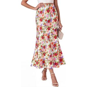 BTFBM Satin Maxi Skirts for Women 2026 Summer Spring Boho A Line High Waisted Cocktail Wedding Guest Party Silk Midi Skirt(Floral White Multicolored)