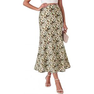 BTFBM Satin Maxi Skirts for Women 2026 Summer Spring Boho A Line High Waisted Cocktail Wedding Guest Party Silk Midi Skirt(Green Camo)
