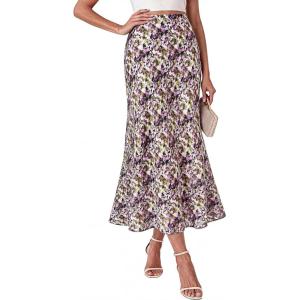 BTFBM Satin Maxi Skirts for Women 2026 Summer Spring Boho A Line High Waisted Cocktail Wedding Guest Party Silk Midi Skirt(Pink Green Camo)
