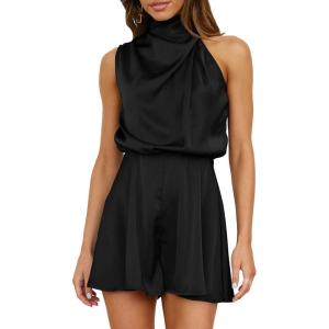 BTFBM Women Mock Neck Summer Romper 2025 Spring Beach Vacation Clothes Sleeveless Elastic Waist Satin Shorts Jumpsuit(Solid Black)