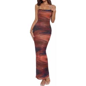 BTFBM Womens Maxi Dress 2026 Spring Floral Sexy Spaghetti Straps Sleeveless Bodycon Summer Beach Wedding Guest Dresses(Dark Red Print)