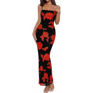 BTFBM Womens Maxi Dress 2026 Spring Floral Sexy Spaghetti Straps Sleeveless Bodycon Summer Beach Wedding Guest Dresses(Floral Black Red)