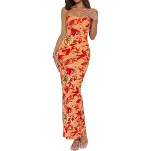 BTFBM Womens Maxi Dress 2026 Spring Floral Sexy Spaghetti Straps Sleeveless Bodycon Summer Beach Wedding Guest Dresses(Floral Yellow Red)