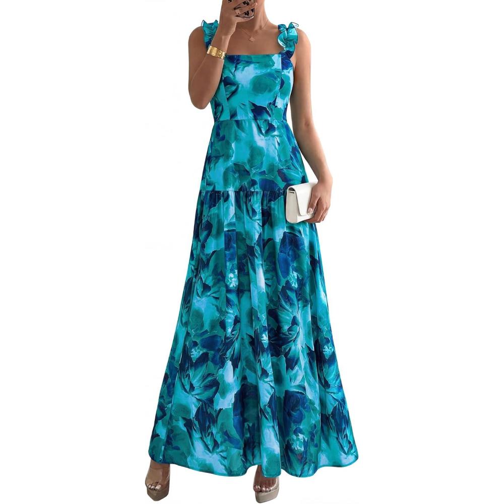 imageBTFBM Dresses for Women Summer 2026 Formal Sleeveless Smocked Floral Long Wedding Guest Dress Party SpringFloral Lake Blue