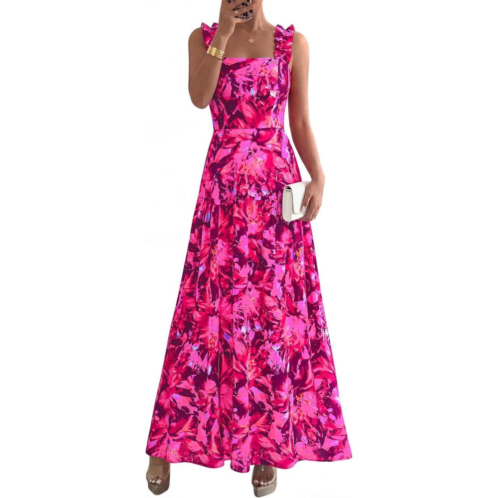 imageBTFBM Dresses for Women Summer 2026 Formal Sleeveless Smocked Floral Long Wedding Guest Dress Party SpringFloral Rose Red