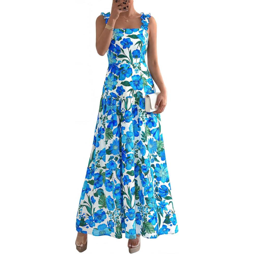 imageBTFBM Dresses for Women Summer 2026 Formal Sleeveless Smocked Floral Long Wedding Guest Dress Party SpringFloral White Blue