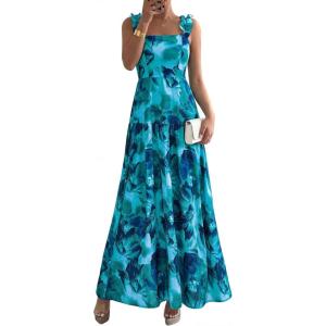 BTFBM Dresses for Women Summer 2026 Formal Sleeveless Smocked Floral Long Wedding Guest Dress Party Spring(Floral Lake Blue)