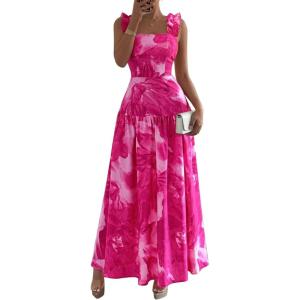 BTFBM Dresses for Women Summer 2026 Formal Sleeveless Smocked Floral Long Wedding Guest Dress Party Spring(Floral Rose Pink)