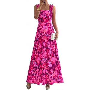 BTFBM Dresses for Women Summer 2026 Formal Sleeveless Smocked Floral Long Wedding Guest Dress Party Spring(Floral Rose Red)