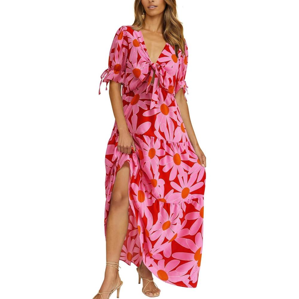 imageBTFBM 2025 Womens Summer Boho Dress Tie Front Deep V Neck Cutout Short Sleeve Casual Party Floral Beach Maxi DressesBig Floral Red