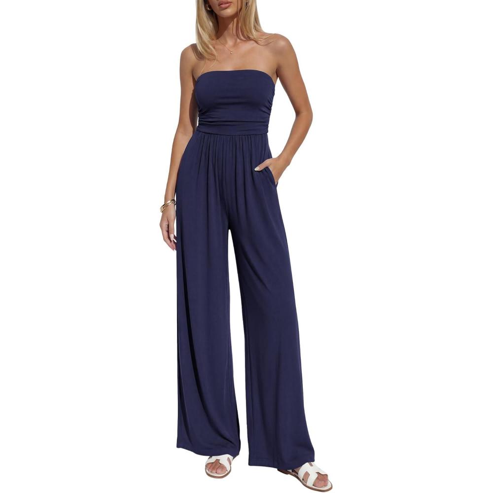 imageBTFBM Jumpsuits For Women Summer 2026 Beach Vacation Strapless Tube Top Jumpsuit Ruched Casual Wide Leg Pant RompersNavy Blue
