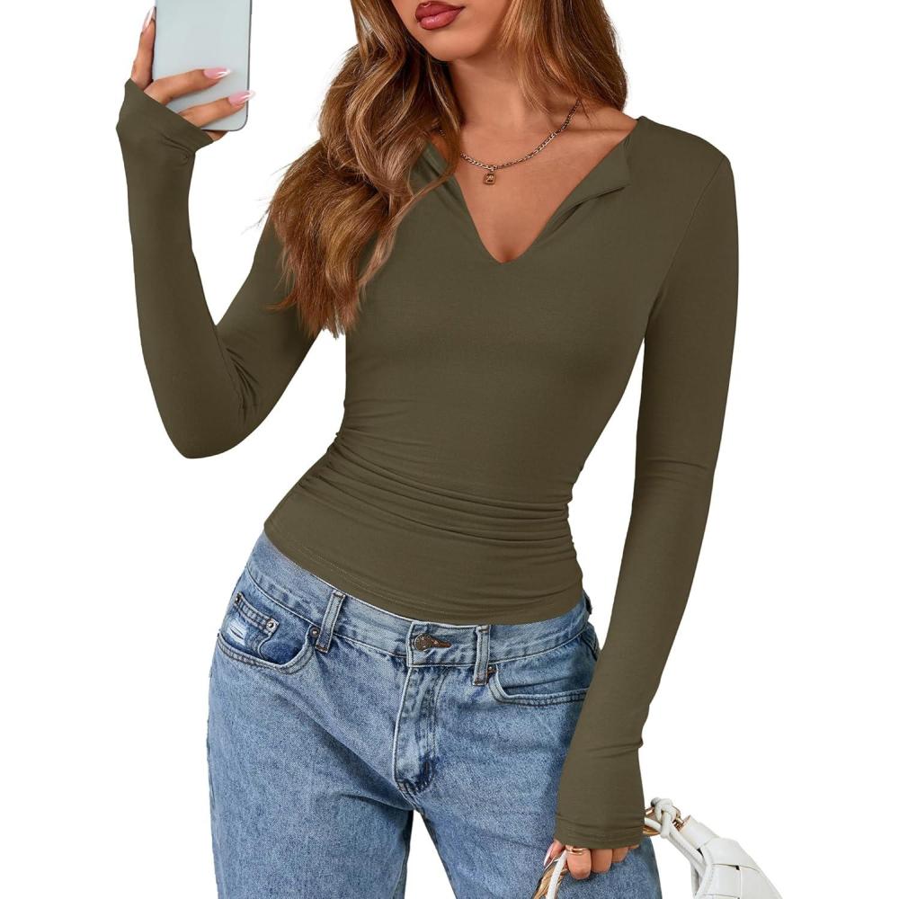 imageBTFBM Long Sleeve Shirts for Women 2025 Fall Fashion V Neck Knit Ruched Slim Fit Casual Basic Tees Going Out Tops Y2kArmy Green