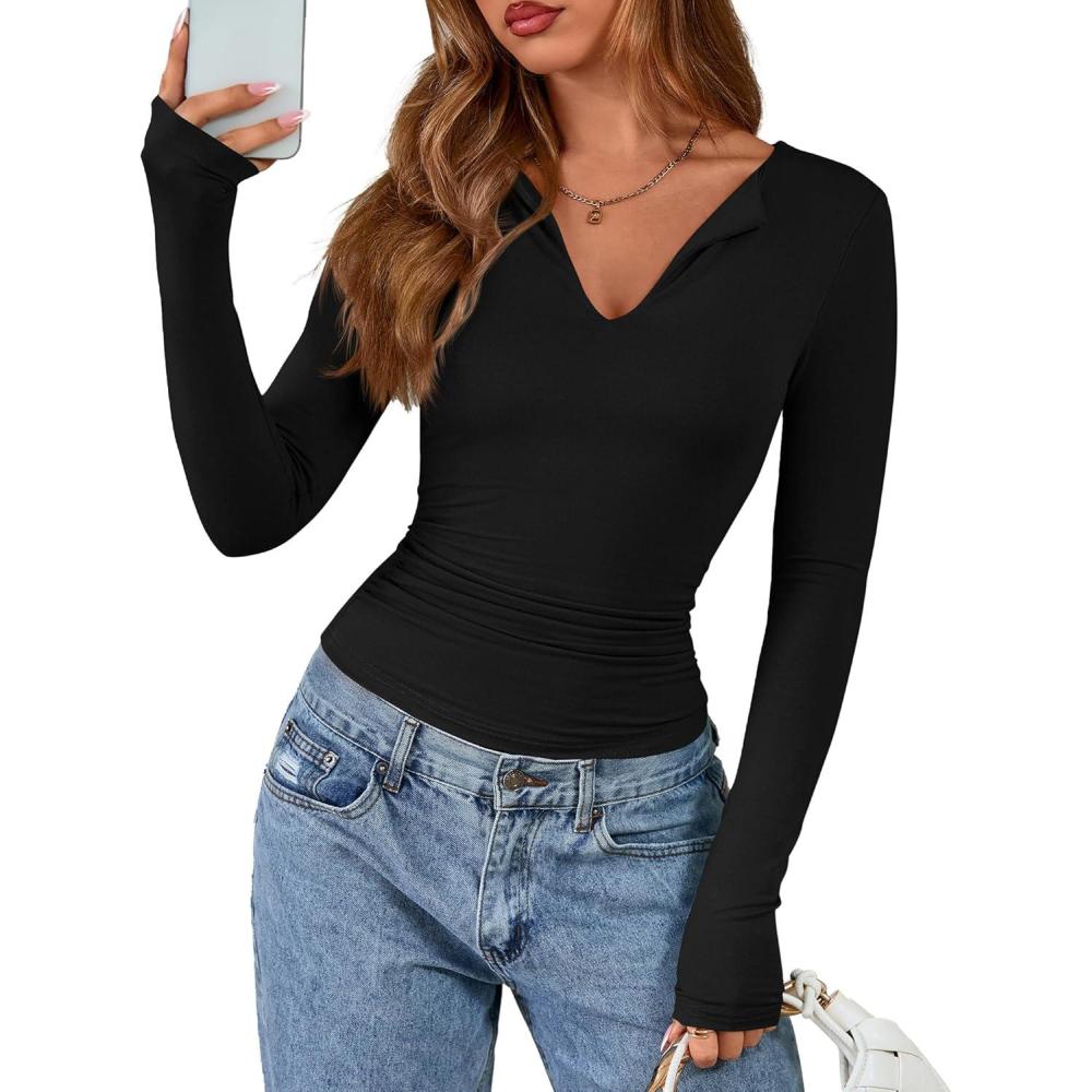 imageBTFBM Long Sleeve Shirts for Women 2025 Fall Fashion V Neck Knit Ruched Slim Fit Casual Basic Tees Going Out Tops Y2kBlack