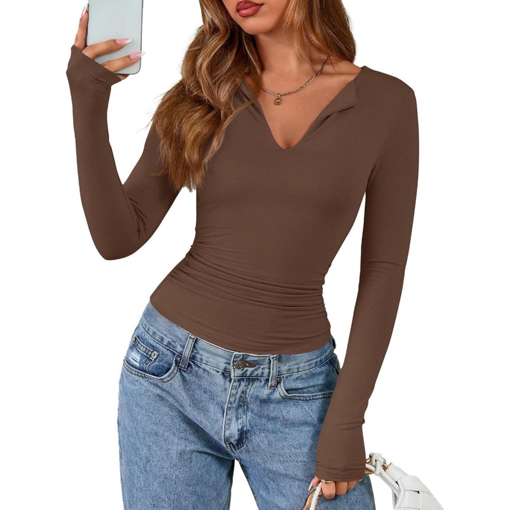 imageBTFBM Long Sleeve Shirts for Women 2025 Fall Fashion V Neck Knit Ruched Slim Fit Casual Basic Tees Going Out Tops Y2kBrown