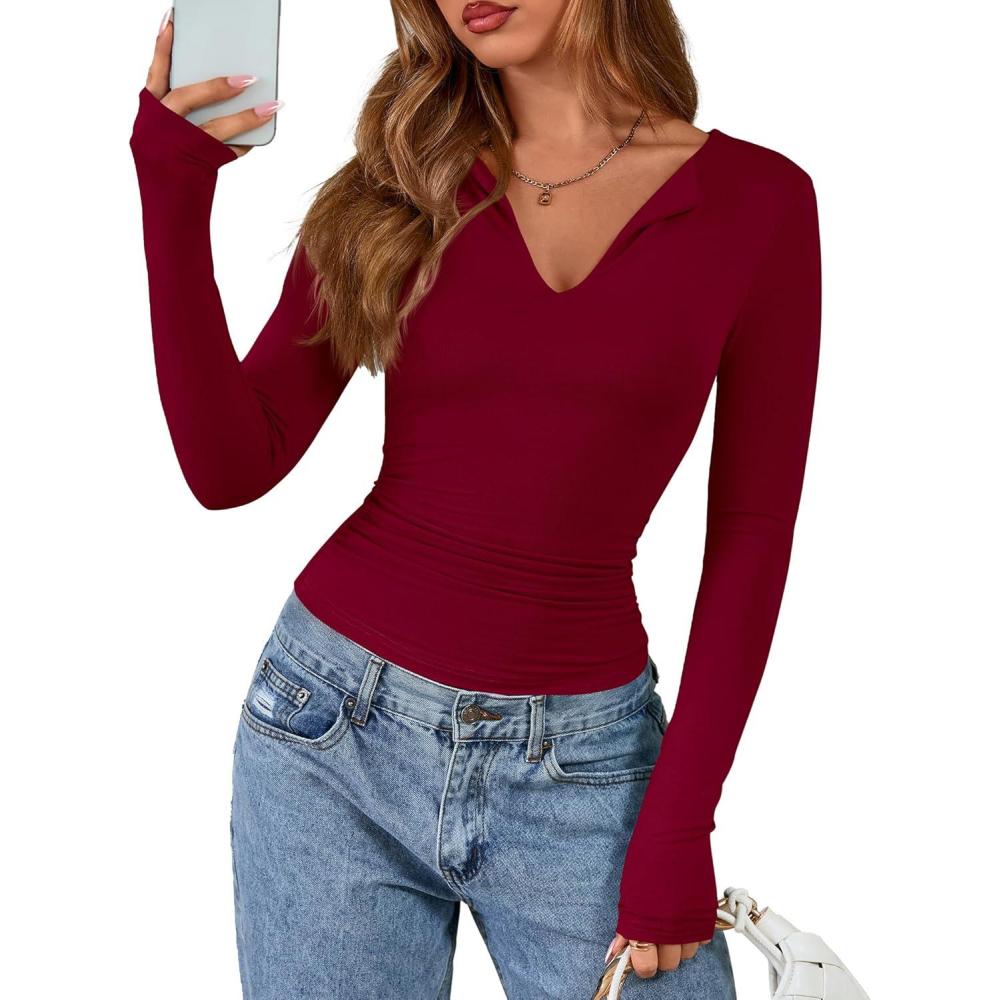 imageBTFBM Long Sleeve Shirts for Women 2025 Fall Fashion V Neck Knit Ruched Slim Fit Casual Basic Tees Going Out Tops Y2kBurgundy