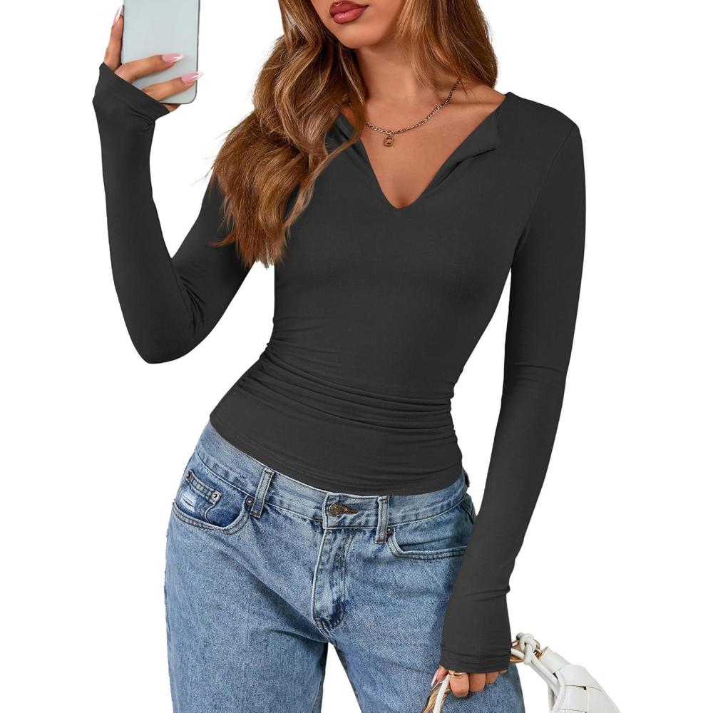 imageBTFBM Long Sleeve Shirts for Women 2025 Fall Fashion V Neck Knit Ruched Slim Fit Casual Basic Tees Going Out Tops Y2kDark Grey