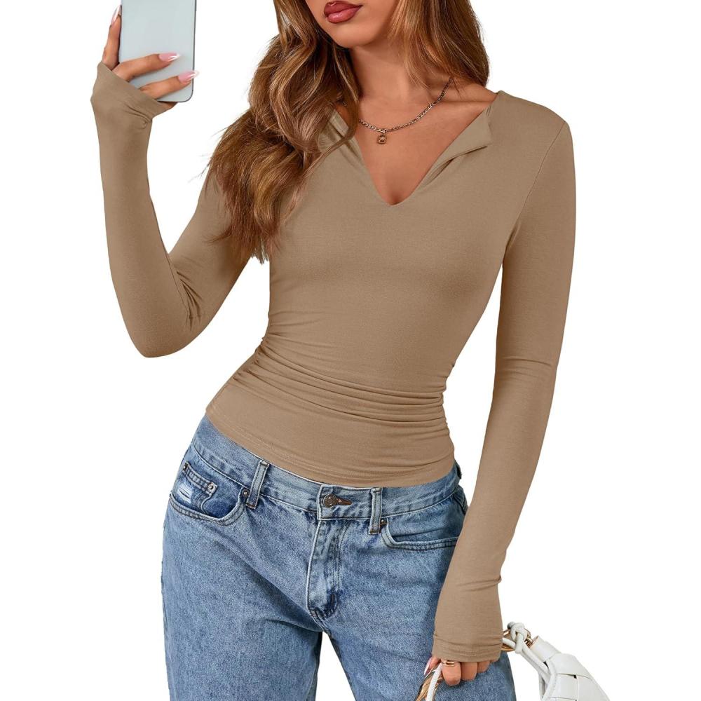 imageBTFBM Long Sleeve Shirts for Women 2025 Fall Fashion V Neck Knit Ruched Slim Fit Casual Basic Tees Going Out Tops Y2kKhaki