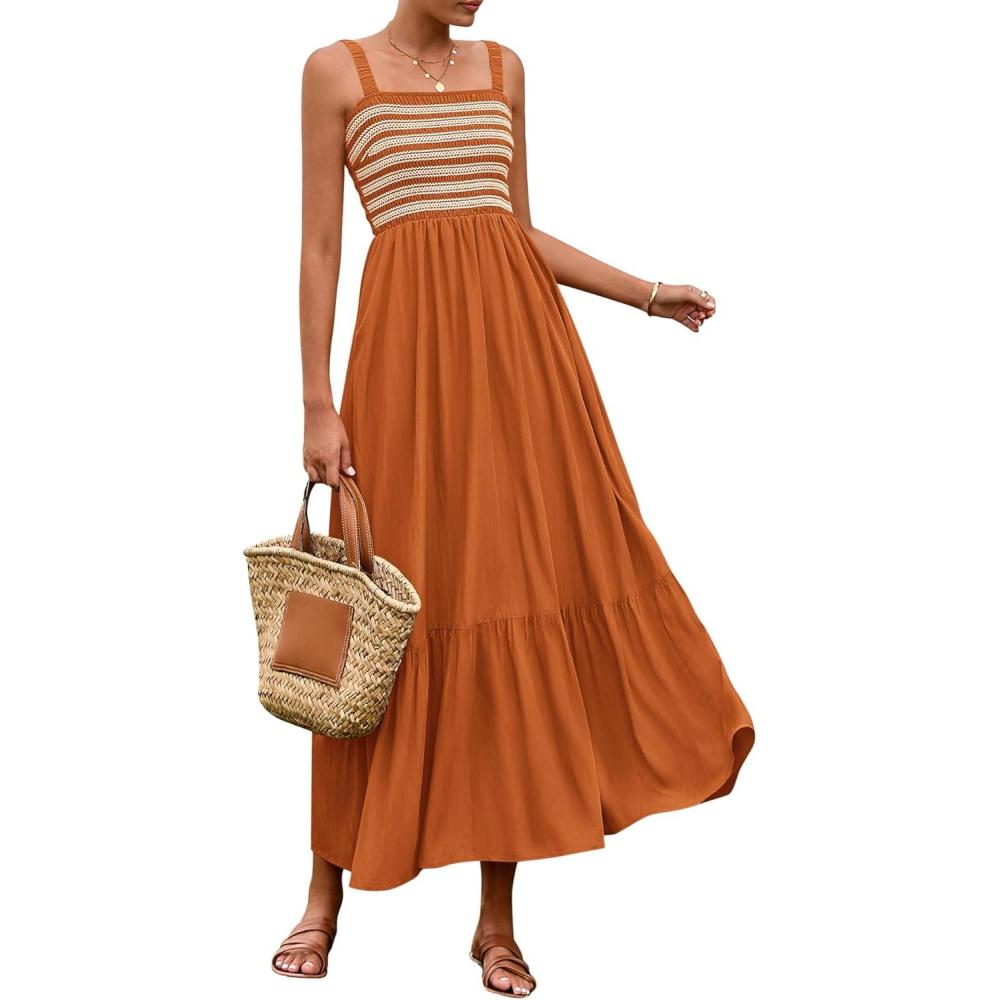 imageBTFBM Summer Midi Dresses for Women 2025 Spring Sleeveless Square Neck Smocked Flowy Long Beach Vacation Sundress PocketBrown Yellow