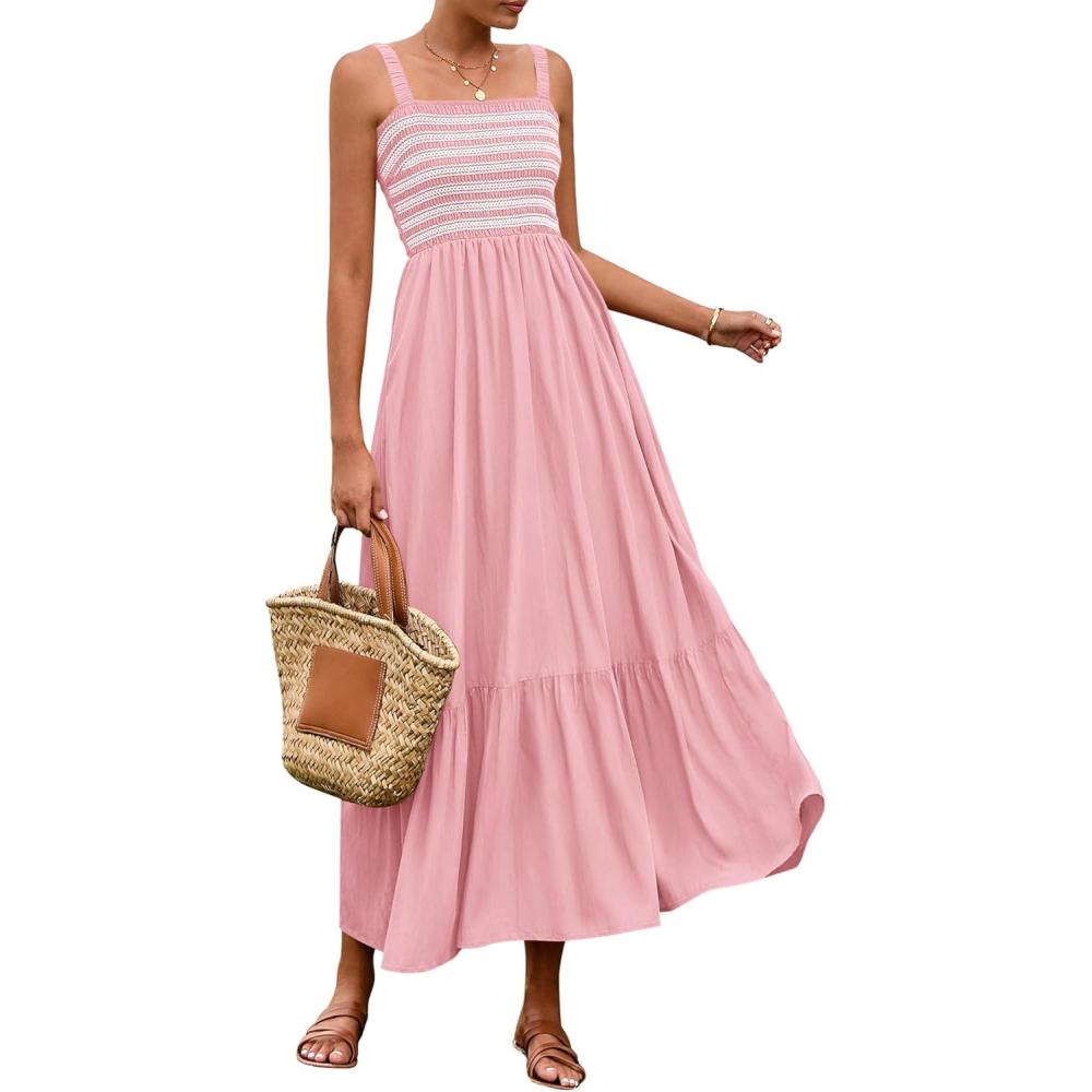 imageBTFBM Summer Midi Dresses for Women 2025 Spring Sleeveless Square Neck Smocked Flowy Long Beach Vacation Sundress PocketPink