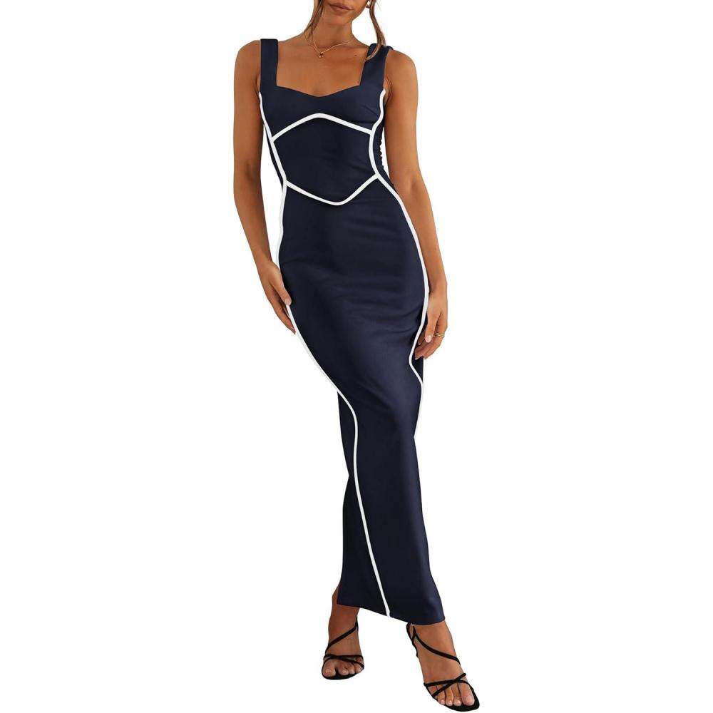 imageBTFBM Women Bodycon Maxi Dress Square Neck Sleeveless Contrast Binding Slit Cocktail Formal Wedding Guest Dresses 2025Navy