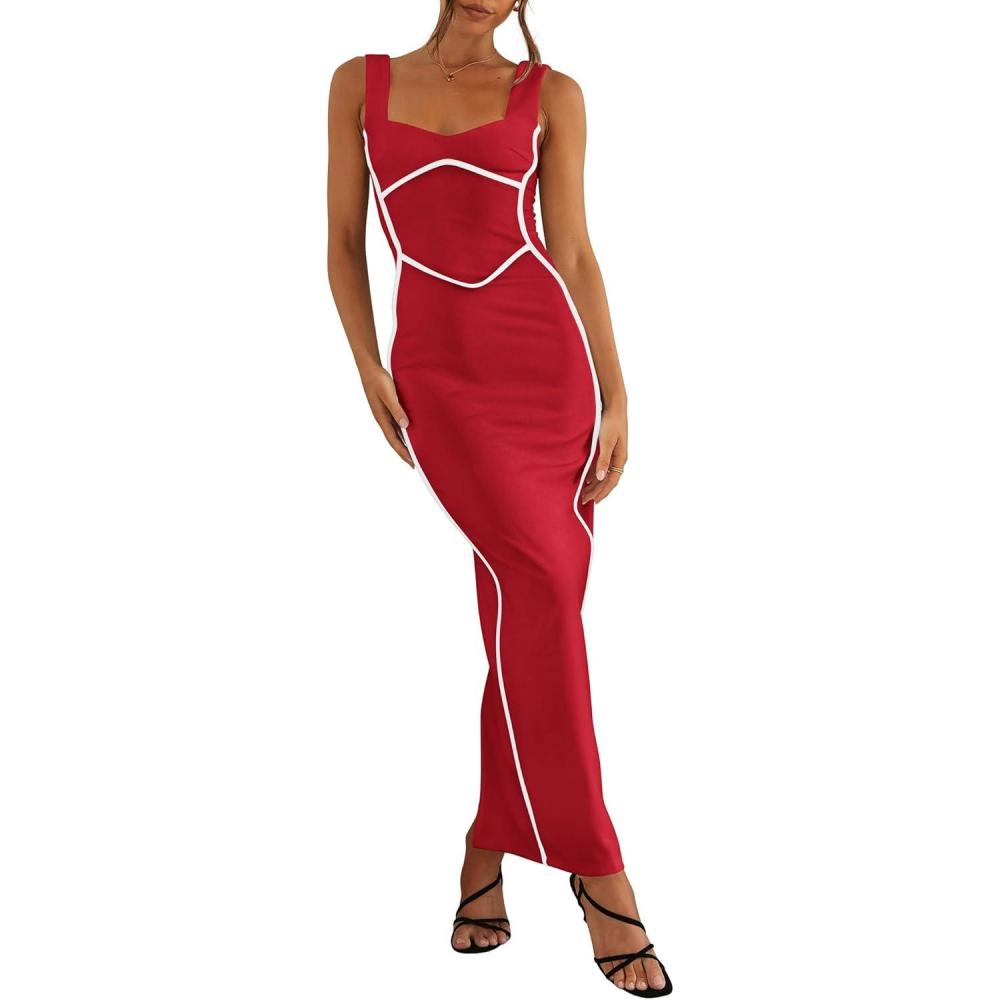 imageBTFBM Women Bodycon Maxi Dress Square Neck Sleeveless Contrast Binding Slit Cocktail Formal Wedding Guest Dresses 2025Red