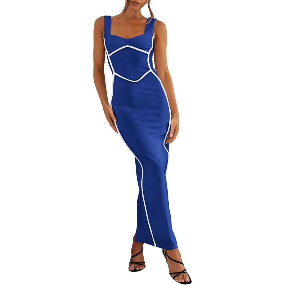 imageBTFBM Women Bodycon Maxi Dress Square Neck Sleeveless Contrast Binding Slit Cocktail Formal Wedding Guest Dresses 2025Royal Blue