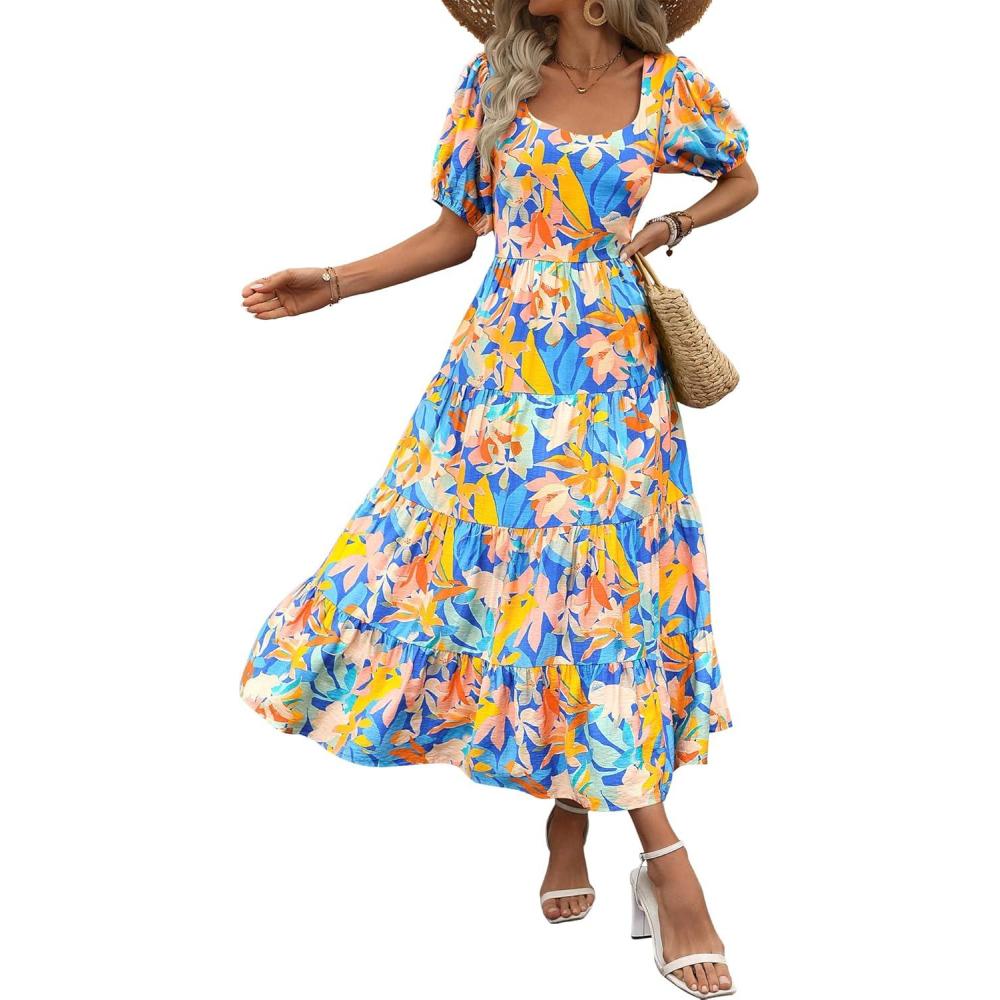 imageBTFBM Womens Boho Summer Dresses Short Sleeve Floral Print Smocked Tie Back Tiered ALine Flowy Cruise Vacation DressMulticolored Blue