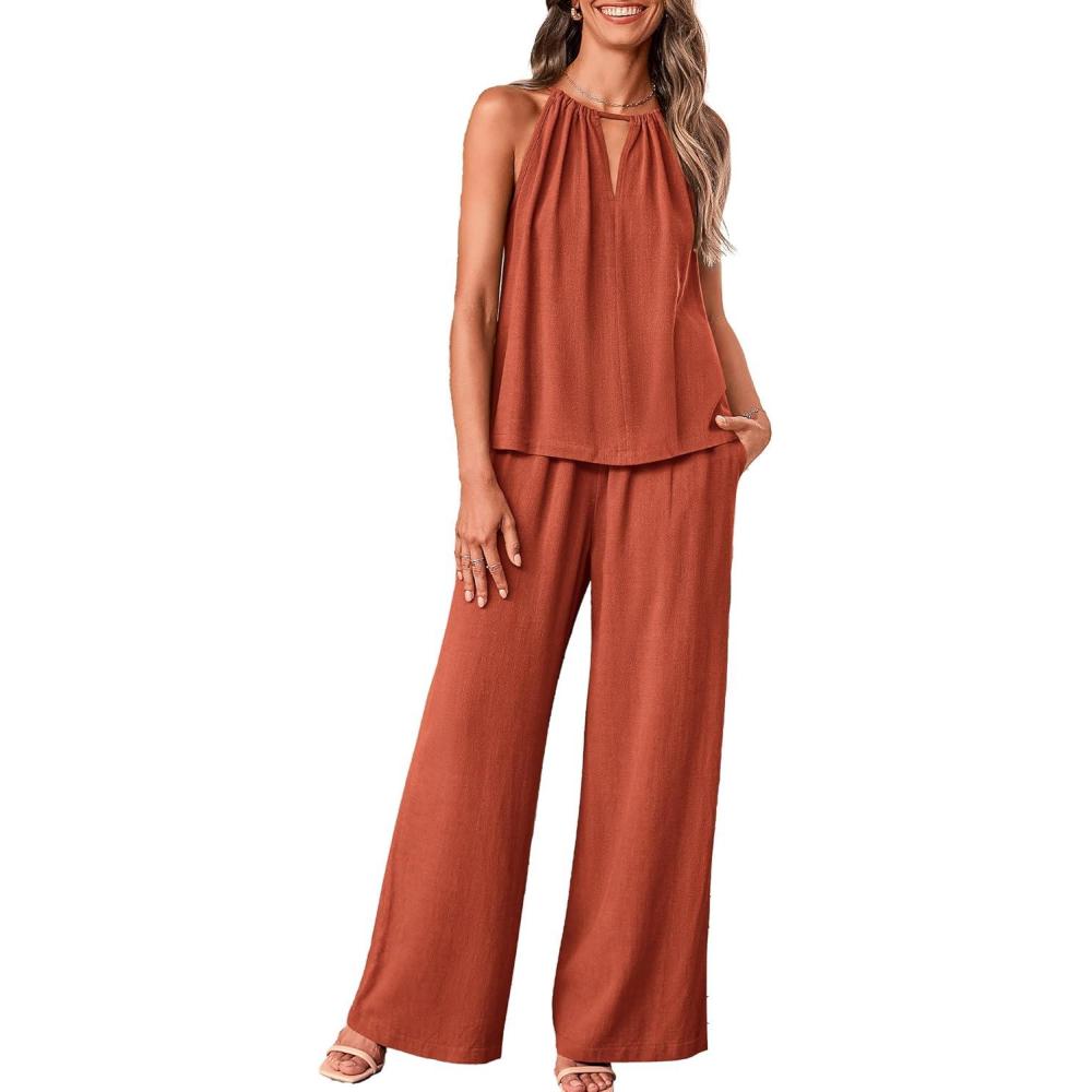 imageBTFBM Womens Casual Summer Two Piece Outfits Cotton Linen Sets Cutout Halter Sleeveless Top Wide Leg Pants Matching SetRust Red