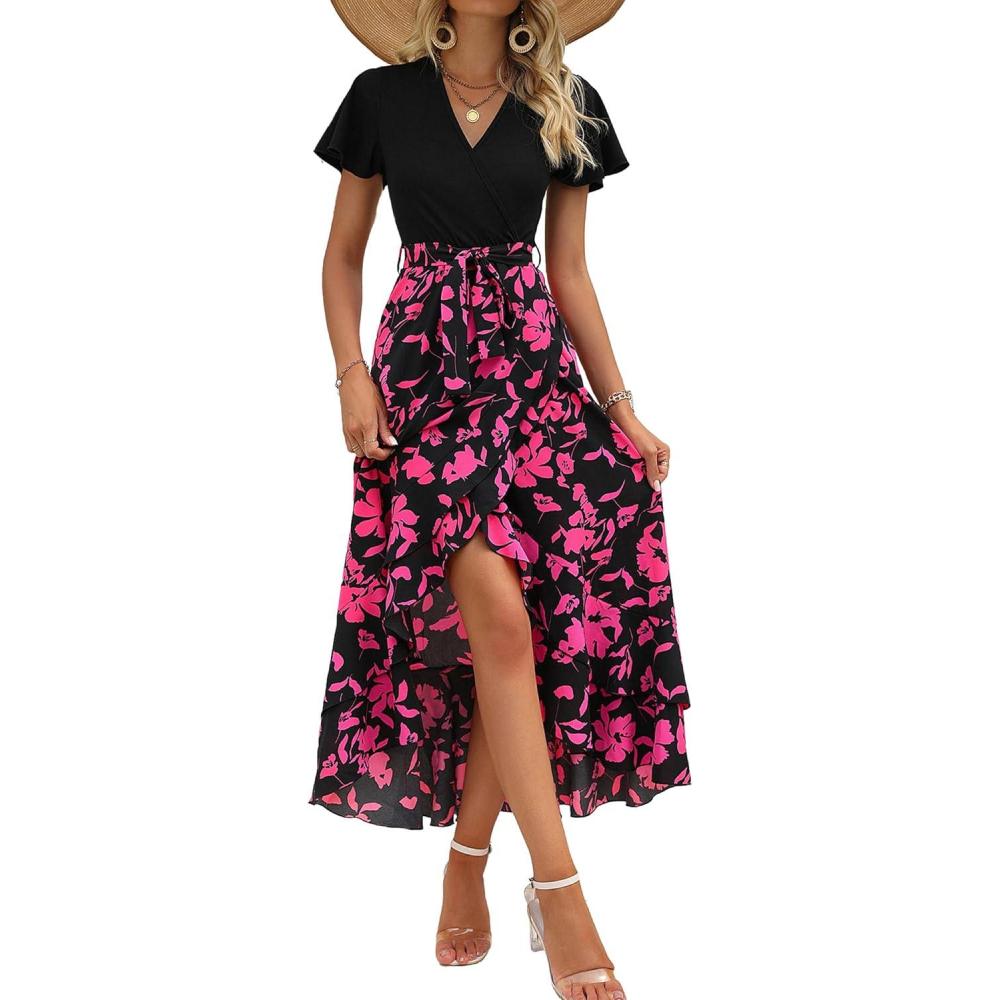 imageBTFBM Womens Maxi Summer Dresses 2025 Short Sleeve V Neck Boho Floral Print Belted High Low Ruffle Party Cocktail DressBig Floral Black Rose Red