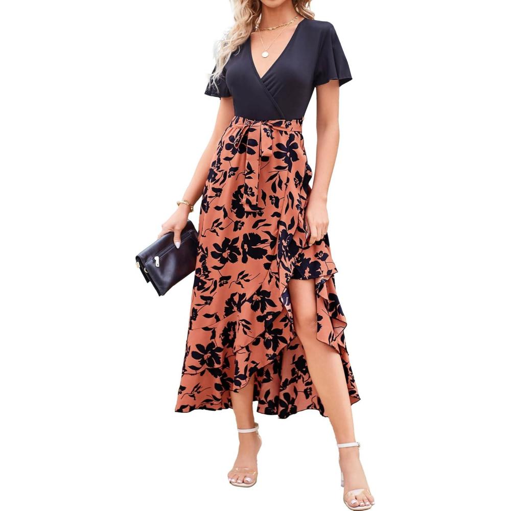imageBTFBM Womens Maxi Summer Dresses 2025 Short Sleeve V Neck Boho Floral Print Belted High Low Ruffle Party Cocktail DressBig Floral Brown