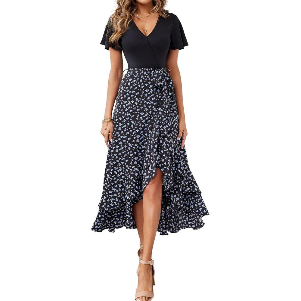 imageBTFBM Womens Maxi Summer Dresses 2025 Short Sleeve V Neck Boho Floral Print Belted High Low Ruffle Party Cocktail DressFloral Black Blue