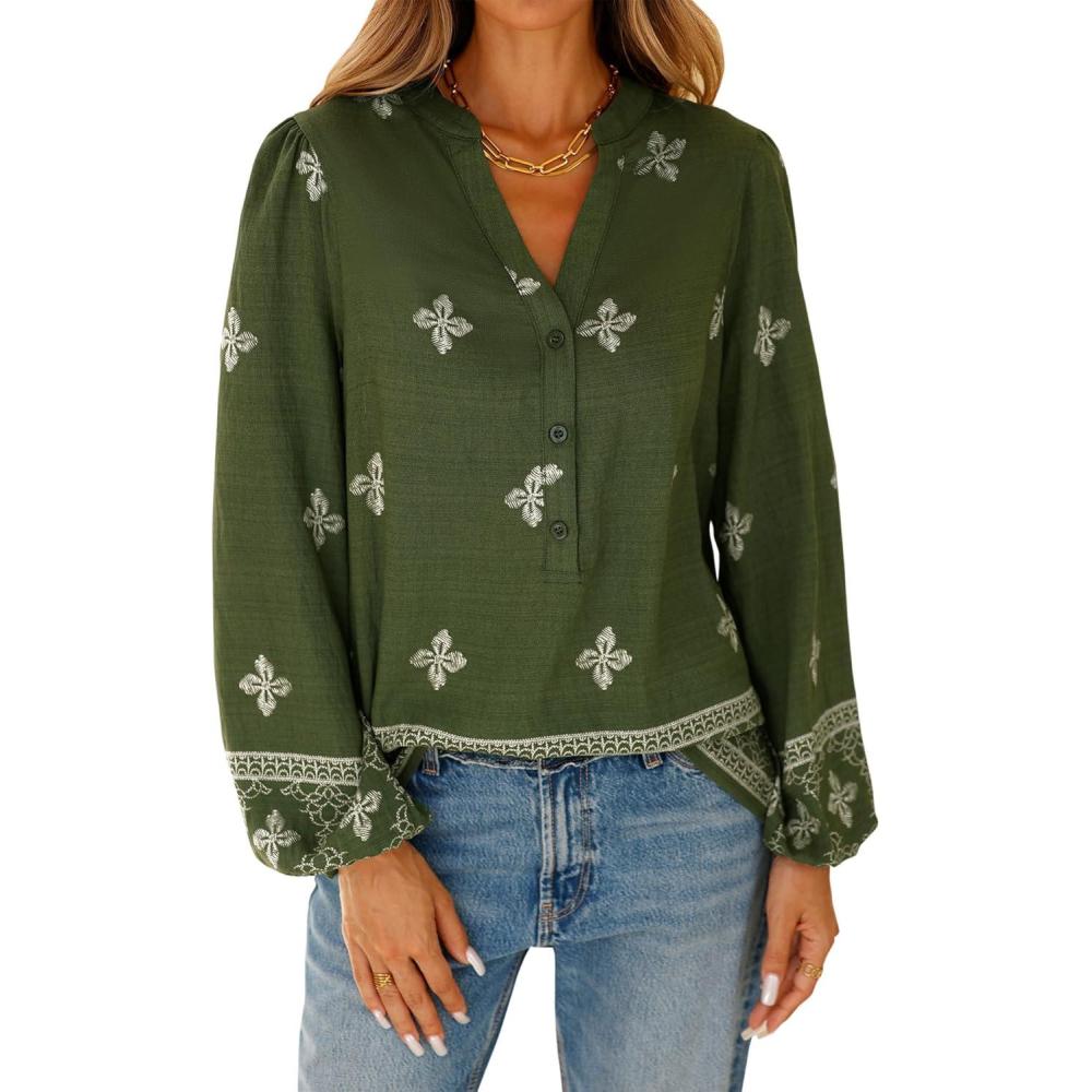 imageBTFBM Womens Tops Spring Casual Long Sleeve Shirts Button Up V Neck Bohemian Blouses Loose Tunics Vacation OutfitsArmy Green White Floral