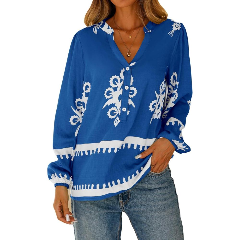 imageBTFBM Womens Tops Spring Casual Long Sleeve Shirts Button Up V Neck Bohemian Blouses Loose Tunics Vacation OutfitsLake Blue White Floral