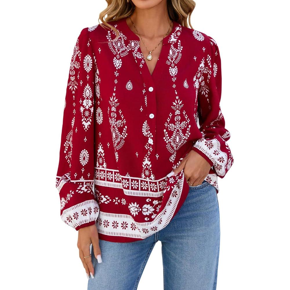 imageBTFBM Womens Tops Spring Casual Long Sleeve Shirts Button Up V Neck Bohemian Blouses Loose Tunics Vacation OutfitsRed White Floral