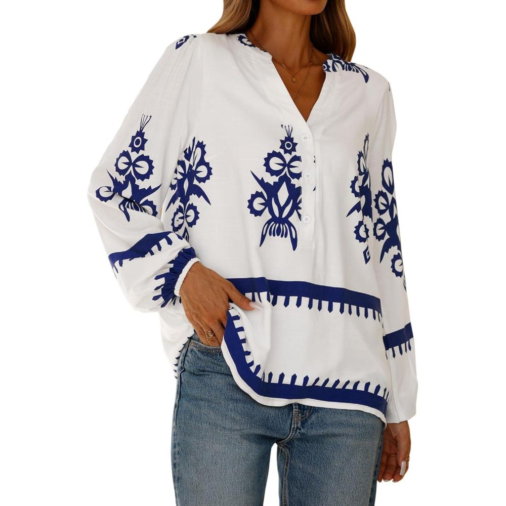 imageBTFBM Womens Tops Spring Casual Long Sleeve Shirts Button Up V Neck Bohemian Blouses Loose Tunics Vacation OutfitsWhite Blue Floral