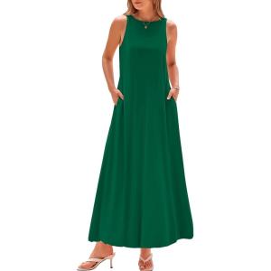 BTFBM 2025 Women Summer Vacation Dresses Sleeveless Crewneck Loose Beach Sundress Bubble Hem Tank Maxi Dress Pockets(Dark Green)