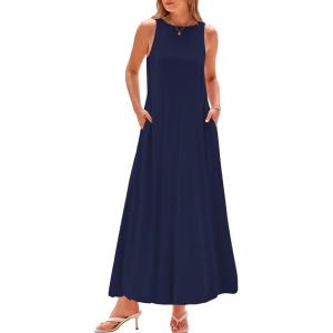 BTFBM 2025 Women Summer Vacation Dresses Sleeveless Crewneck Loose Beach Sundress Bubble Hem Tank Maxi Dress Pockets(Navy)