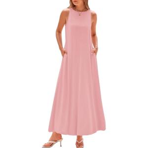 BTFBM 2025 Women Summer Vacation Dresses Sleeveless Crewneck Loose Beach Sundress Bubble Hem Tank Maxi Dress Pockets(Pink)