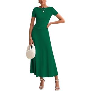 BTFBM 2025 Women’s Summer 2 Piece Outfits Spring Crewneck Short Sleeve Ruched Bodycon Tops Flowy Knit Maxi Skirt Sets(Green)
