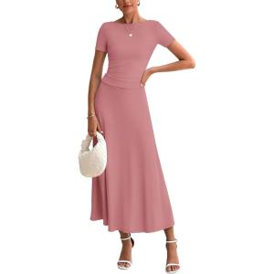 BTFBM 2025 Women’s Summer 2 Piece Outfits Spring Crewneck Short Sleeve Ruched Bodycon Tops Flowy Knit Maxi Skirt Sets(Pink)