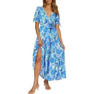 BTFBM 2025 Womens Summer Boho Dress Tie Front Deep V Neck Cutout Short Sleeve Casual Party Floral Beach Maxi Dresses(Big Floral White Blue)