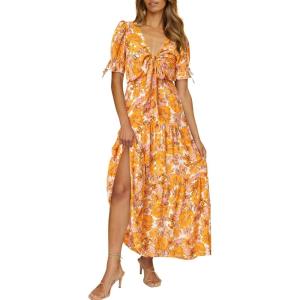 BTFBM 2025 Womens Summer Boho Dress Tie Front Deep V Neck Cutout Short Sleeve Casual Party Floral Beach Maxi Dresses(Big Floral White Yellow)