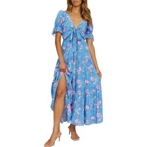 BTFBM 2025 Womens Summer Boho Dress Tie Front Deep V Neck Cutout Short Sleeve Casual Party Floral Beach Maxi Dresses(Floral Blue Pink)