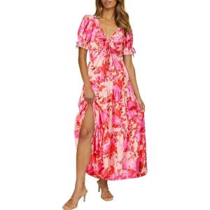 BTFBM 2025 Womens Summer Boho Dress Tie Front Deep V Neck Cutout Short Sleeve Casual Party Floral Beach Maxi Dresses(Floral Pink)