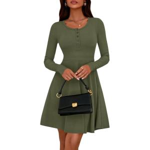 BTFBM Casual Fall Dresses for Women 2025 Long Sleeve Ribbed Button Down Empire Waist A Line Winter Wedding Guest Dress(Army Green)