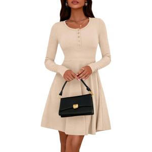 BTFBM Casual Fall Dresses for Women 2025 Long Sleeve Ribbed Button Down Empire Waist A Line Winter Wedding Guest Dress(Beige)