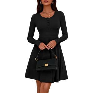 BTFBM Casual Fall Dresses for Women 2025 Long Sleeve Ribbed Button Down Empire Waist A Line Winter Wedding Guest Dress(Black)