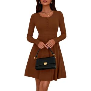 BTFBM Casual Fall Dresses for Women 2025 Long Sleeve Ribbed Button Down Empire Waist A Line Winter Wedding Guest Dress(Brown)